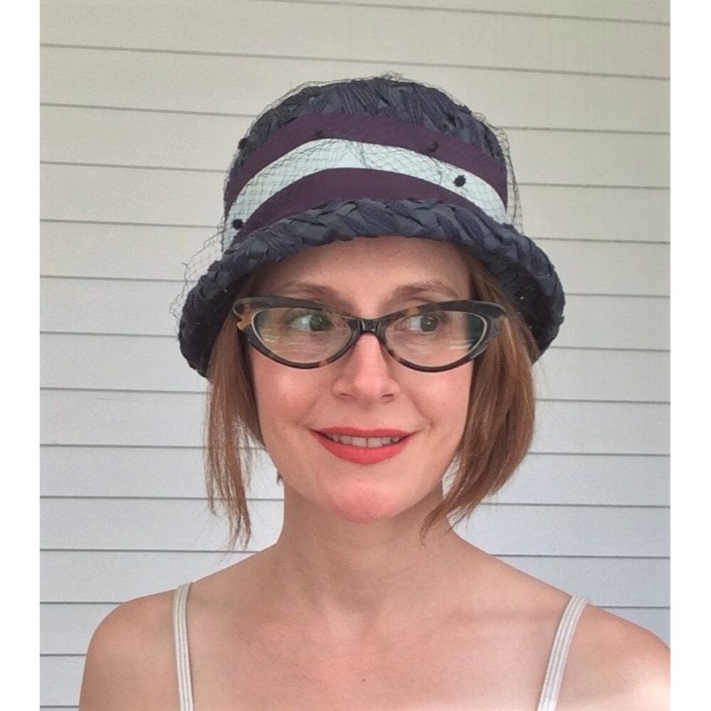 Vintage 60s Blue Straw Hat Mod 1960s